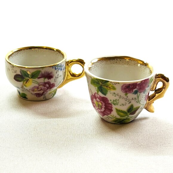 Vintage FIVE Miniature Porcelain Teacups & Plate Pink Floral Rose Gold Gilt - Picture 5 of 10